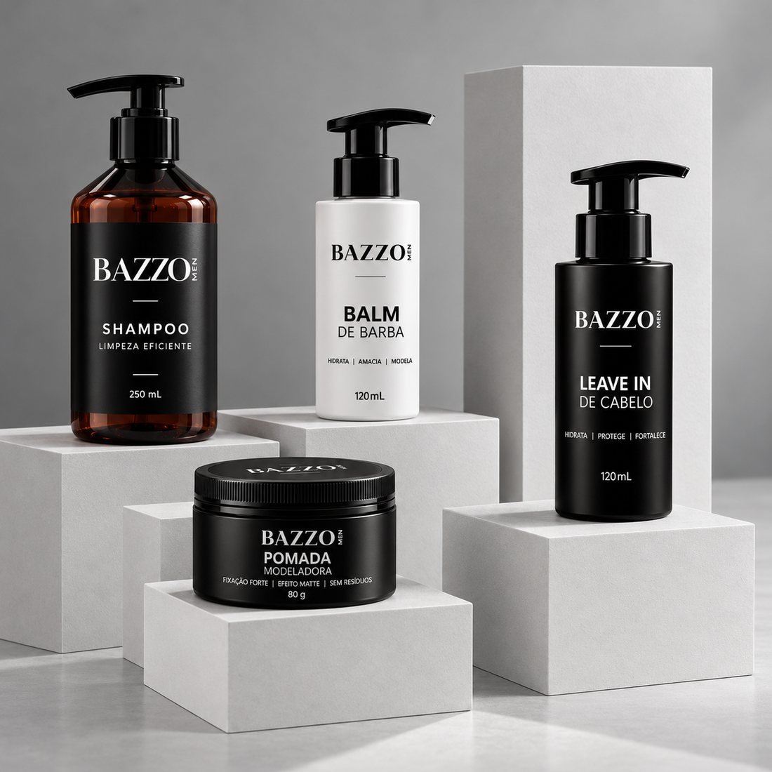 Linha Bazzo: shampoo, balm de barba, leave-in e pomada modeladora